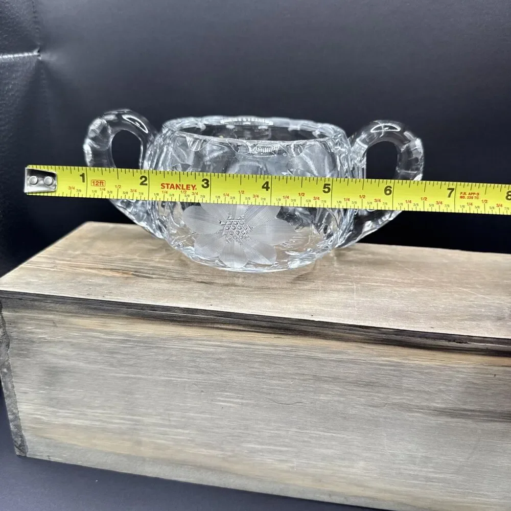 Etched Glass Clear Cut Flower Design Sugar Bowl with Two Handles Solid Heavy